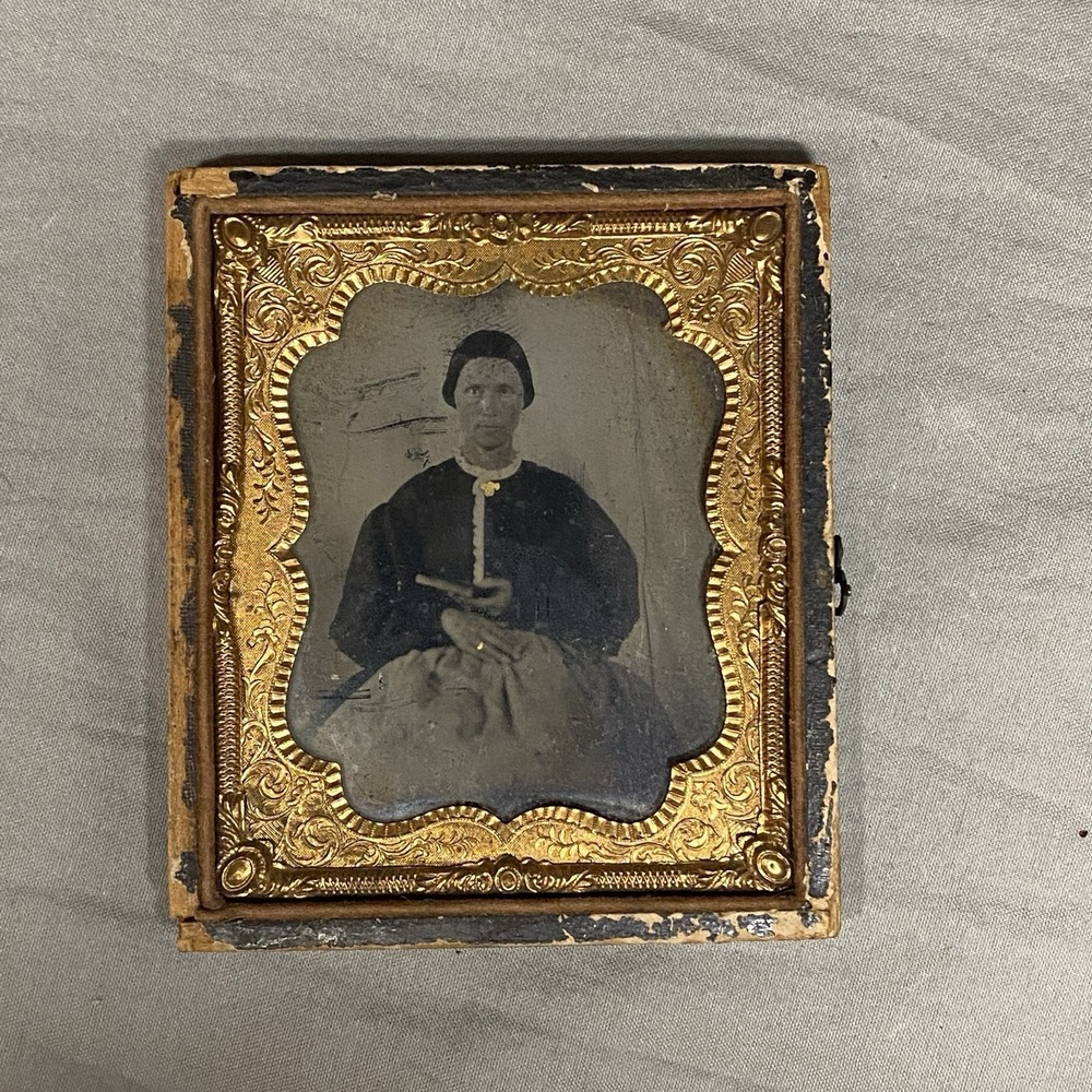 Antique 1/6 Plate Tintype Woman Portrait Gold Tinted Brooch Embossed Case 1860s